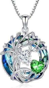 wholesale 18K White Gold Filled Sterling Silver Family Tree Pendant with 2 Heart Birthstones Blue Austrian Crystal Necklace for Women-04-05-Apr-May Birthstone