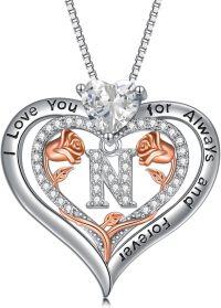wholesale Sterling Silver Rose Pendant Necklace A Z Initial Letter Heart Jewelry for Women Valentine Mother s Day Birthday Gifts for Her-Letter N