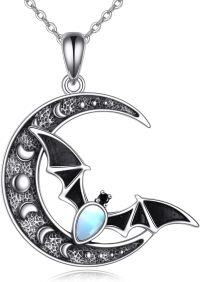 wholesale 925 Sterling Silver Crescent Moon with Bat and Opal Pendant Necklace for Women & Girls-Black Bat Necklace