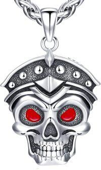 wholesale 925 Sterling Silver Red Eye Skull Pendant Gothic Punk Biker Necklace Halloween s for Men & Women-02-silver
