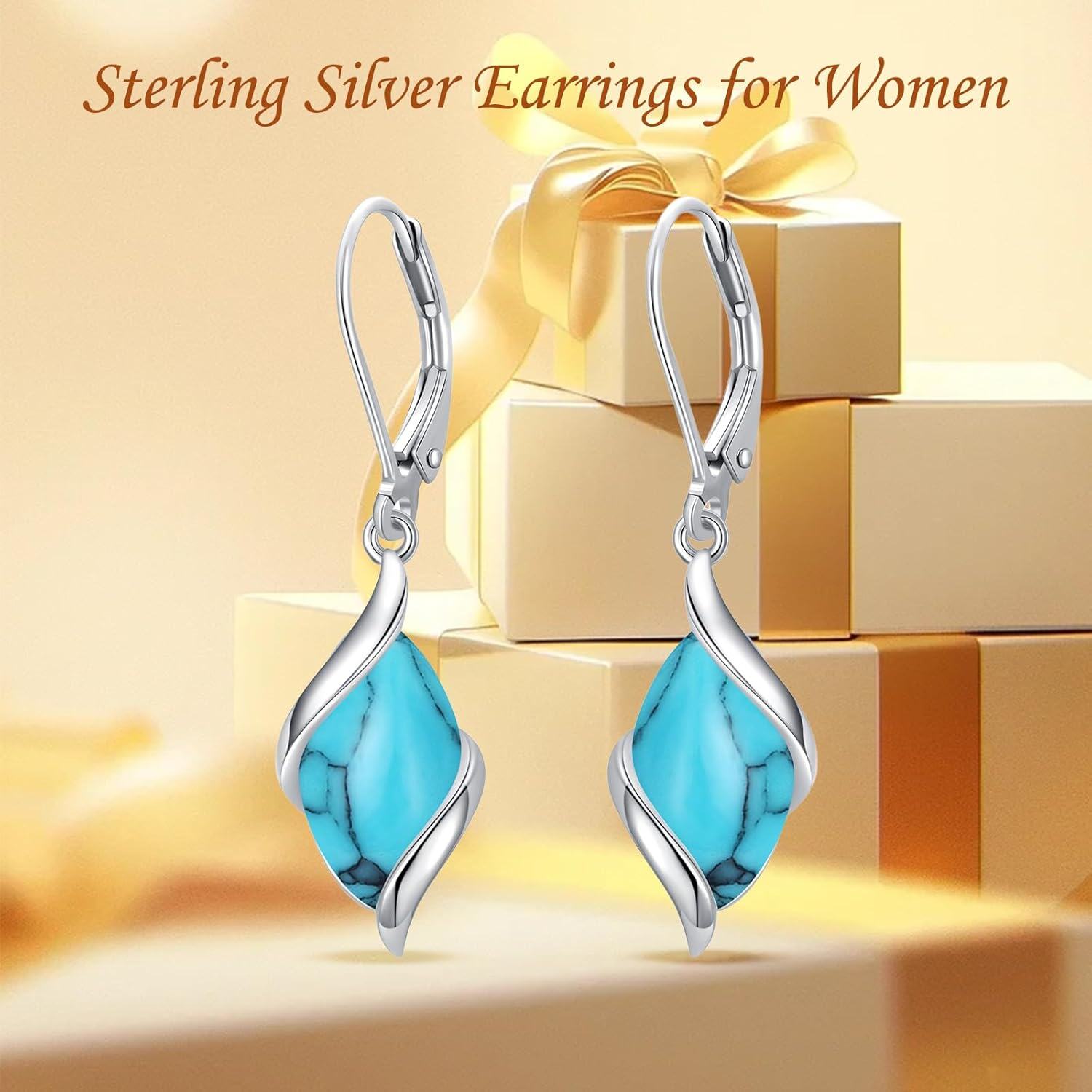 925 Sterling Silver Turquoise Marquise Shape Stone Leverback Drop Dangle Earrings for Women-0-3