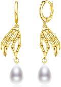 wholesale 925 Sterling Silver Plated Gold Pearl Skeleton Hand Dangle Earrings - Gothic Halloween  for Her-0-0