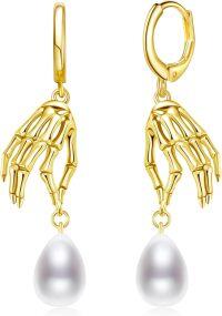 wholesale 925 Sterling Silver Plated Gold Pearl Skeleton Hand Dangle Earrings - Gothic Halloween  for Her-Pearl-B