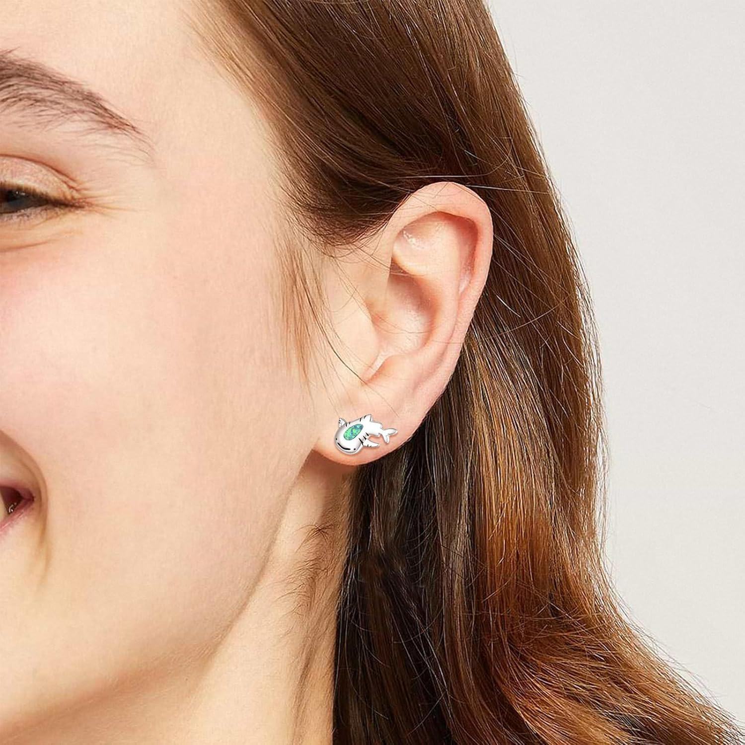 wholesale 925 Sterling Silver Blue Opal Fish Stud Hoop Earrings for Women and Girls-0-2