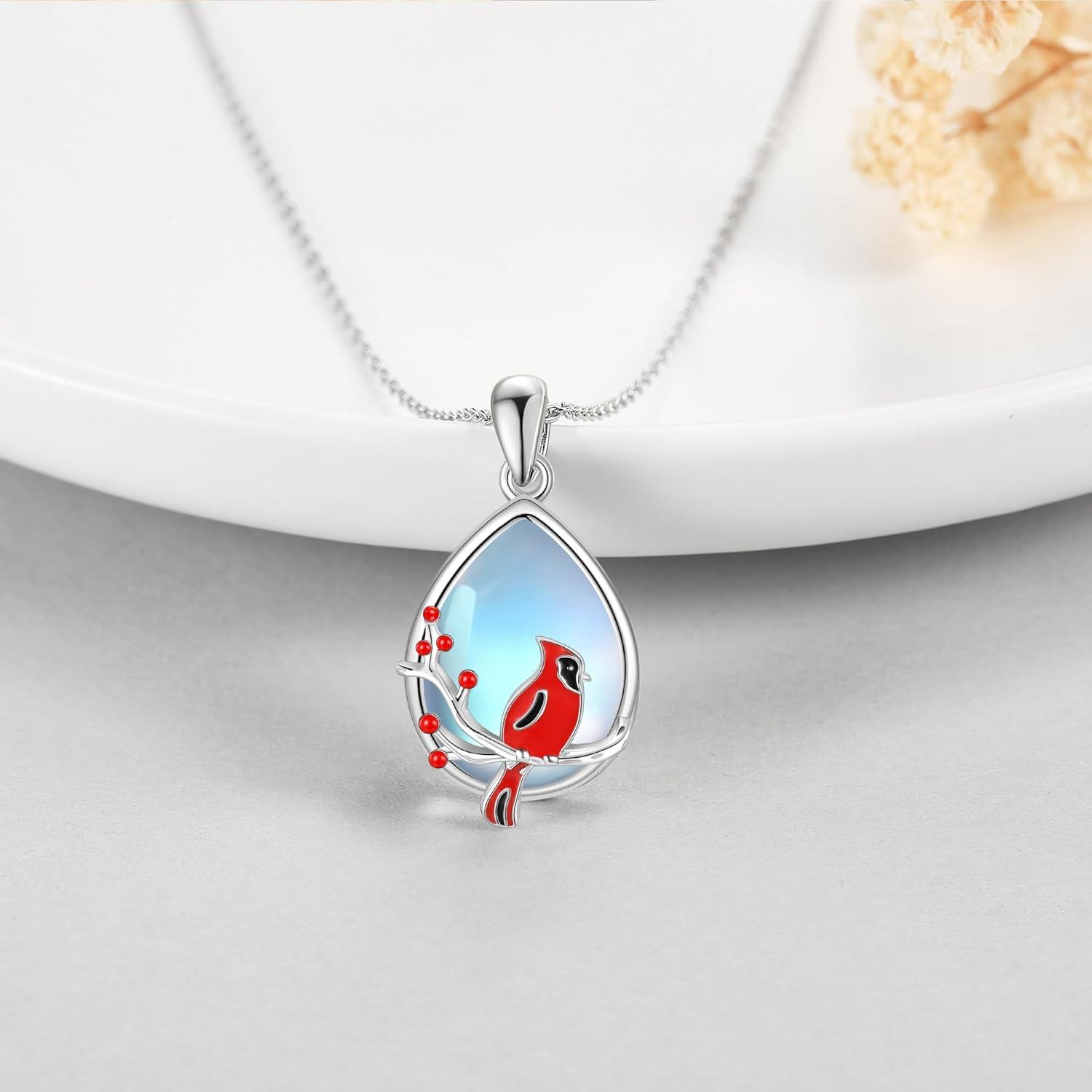 Sterling Silver Moonstone Penguin Cardinal Necklace Cute Animal Pendant Jewelry Gift for Women-0-3