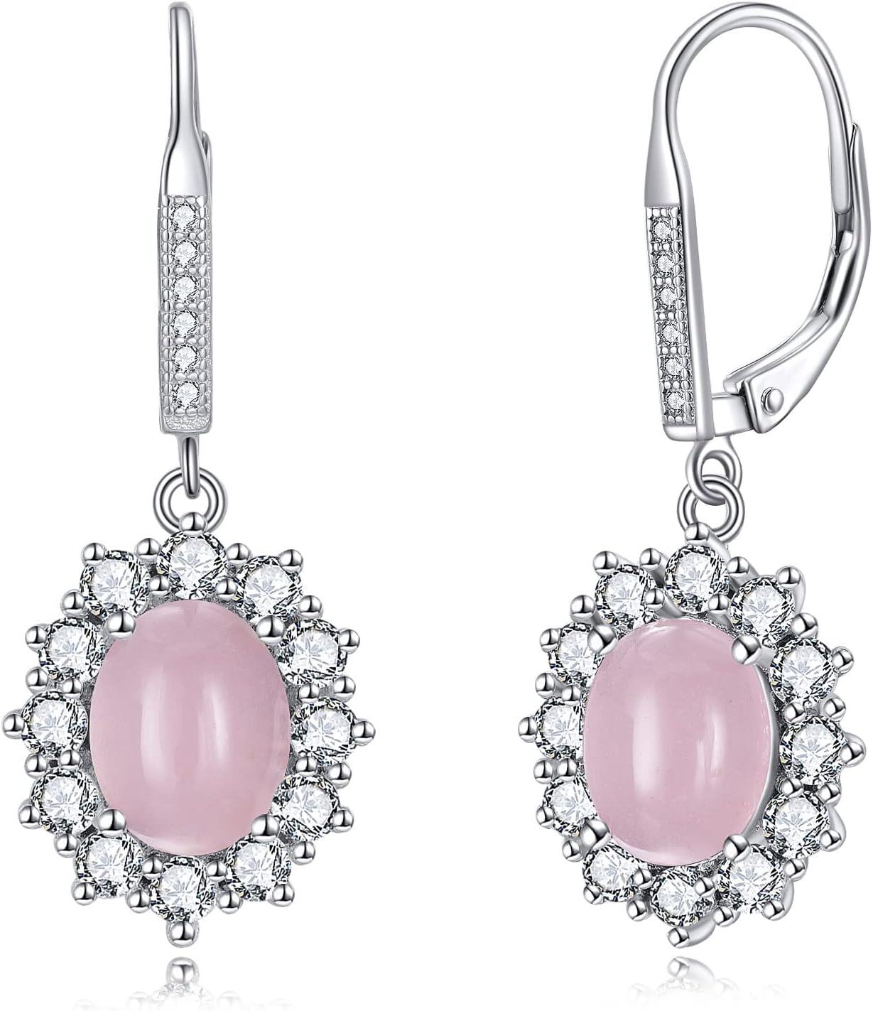 wholesale 925 Sterling Silver Oval Cut Birthstone Dangle Leverback Earrings for Women Mom-Rose Quartz Earrings