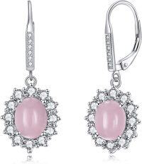 wholesale Sterling Silver Oval Cut Birthstone Dangle Leverback Earrings for Women Mom-Rose Quartz Earrings