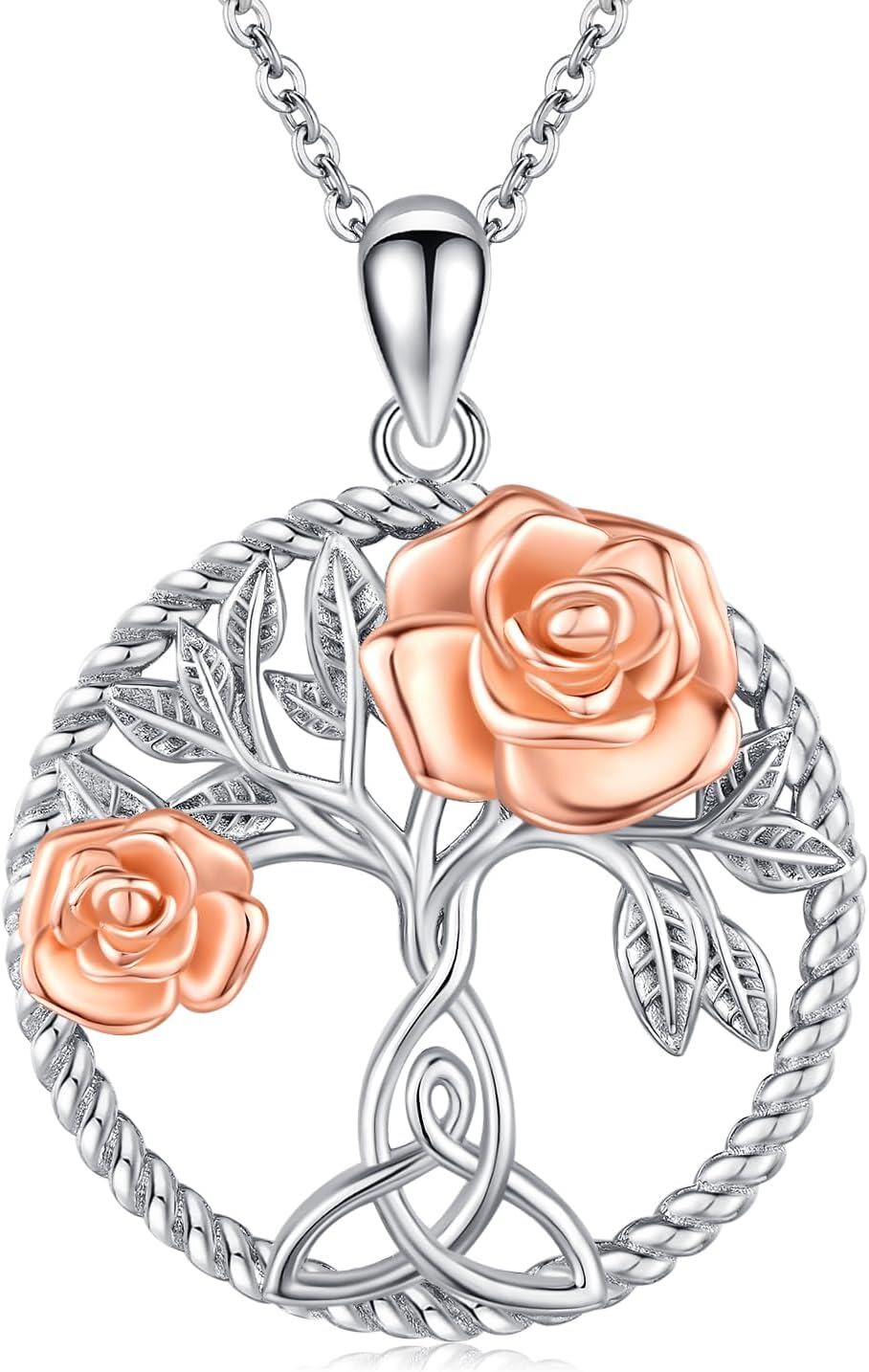 wholesale 925 Sterling Silver Rose Flower Tree Of Life Pendant Necklace-0-0
