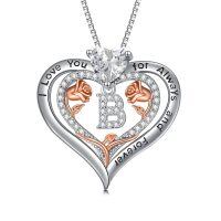 wholesale 925 Sterling Silver Rose Pendant Necklace A Z Initial Letter Heart Jewelry for Women Valentine Mother s Day Birthday Gifts for Her-Letter B