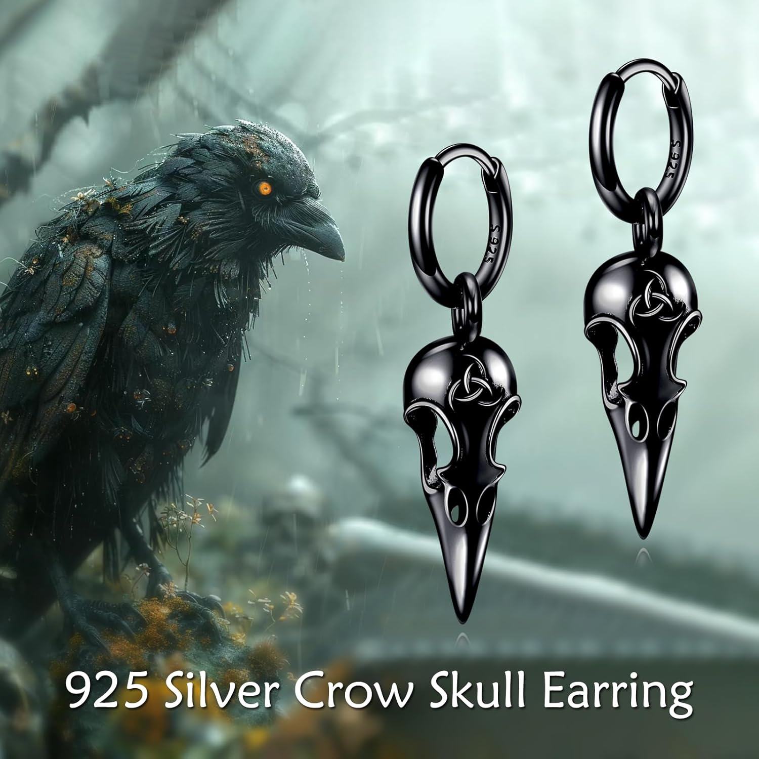 925 Sterling Silver Raven Skull Drop Dangle Earrings Norse Viking s for Men Women-0-5