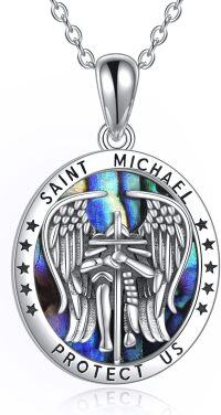 wholesale 925 Sterling Silver Saint Michael Protect Us Pendant Necklace with Abalone Shell and Chain for Men Women Christian Gifts-Saint Michael Necklace for Men