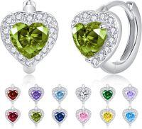 wholesale 925 Sterling Silver Cubic Zirconia 12 Birthstone Heart Huggie Hoop Earrings Valentine Wedding Gifts-08-Aug.
