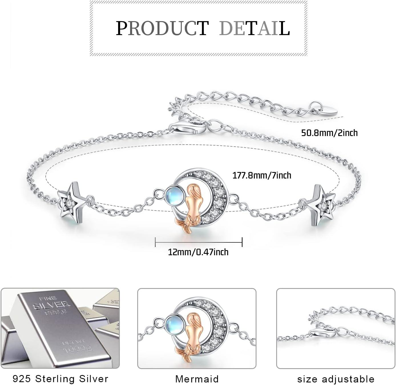 wholesale 925 Sterling Silver Moonstone Starfish Mermaid Charm Bracelet/Anklet Gift for Women-0-4