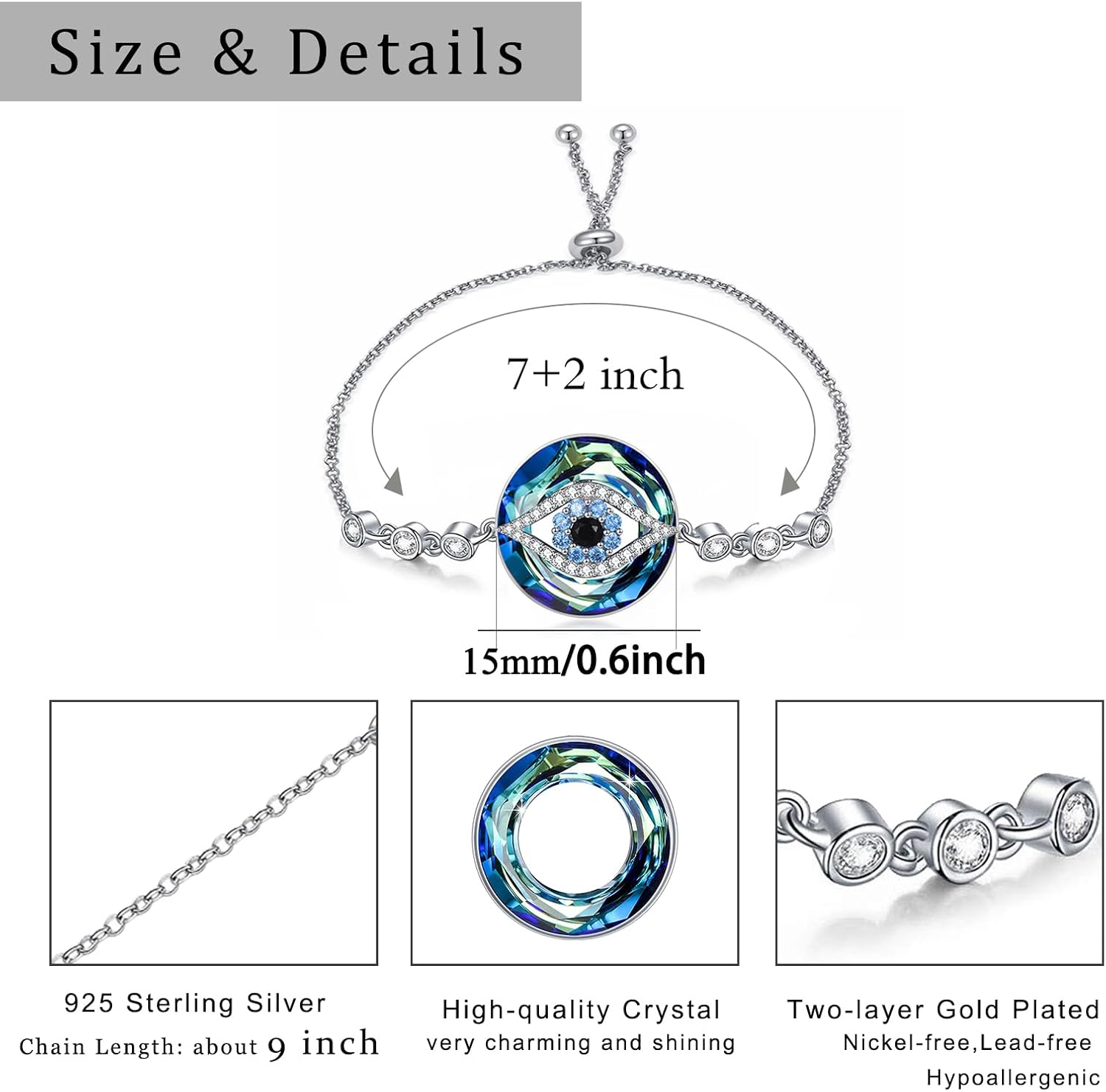 Sterling Silver Crystal Evil Eye Necklace Pendant for Women Protection Good Luck Gift-0-4