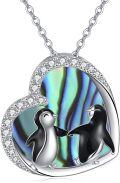 wholesale 925 Sterling Silver Heart-Shaped Pendant with Penguins on Abalone Shell - Cute Gift for Women and Girls-0-0