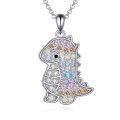 wholesale 925 Sterling Silver Rainbow Colorful Zircon Cute Dinosaur Pendant Necklace-0-0