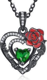 wholesale 925 Sterling Silver Red Rose Black Heart Birthstone Necklace for Women-05 May - Emerald