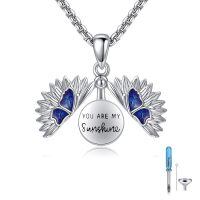wholesale 925 Sterling Silver Blue Agate Angel Wing Cremation Jewelry Keepsake Pendant Necklace with Funnel and Fill Tool-Butterfly Sunflower