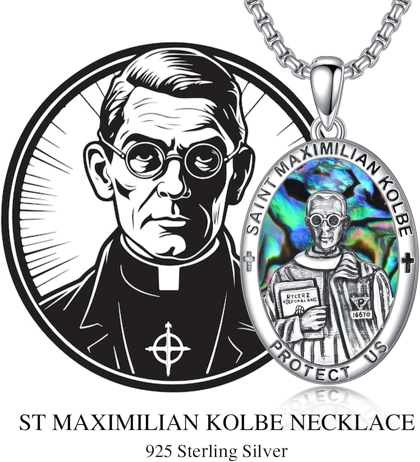 wholesale 925 Sterling Silver Saint Maximilian Kolbe Protect Us Medal Pendant Necklace with Stainless Steel Chain with Abalone Shell and Crosses-0-4