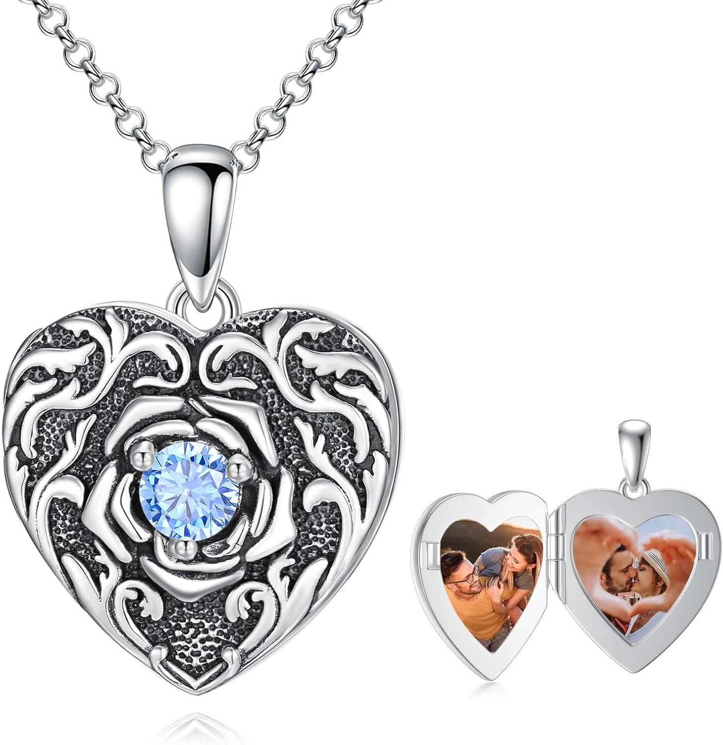 Sterling Silver Rose Flower Compass Photo Locket Necklace for Women-0-0