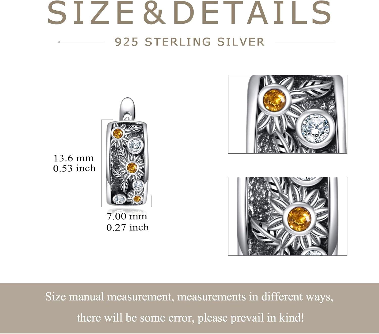 925 Sterling Silver Metal Stone Flower Hoop Earrings with Citrine and CZ Stones - Elegant Floral  for Women-0-4