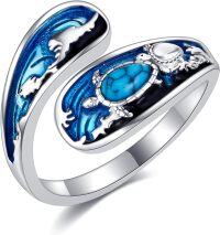 wholesale Sterling Silver Spoon Rings Hummingbird Shark Daisy Tree of Life Dragonfly Witches Knot Sea Turtle Adjustable Thumb Rings for Women Mother Birthday Gifts-Sea Turtle