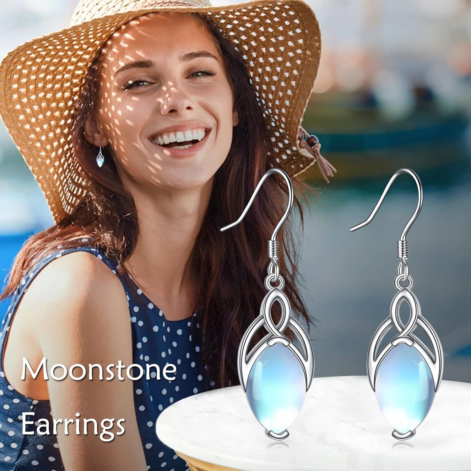 925 Sterling Silver Rainbow Moonstone Celtic Knot Drop Earrings Leverback-0-5