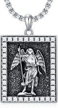 wholesale 925 Sterling Silver Square Angel Pendant Necklace  with Cubic Zirconia and Black Stone - Religious Jewelry for Men & Women (Christmas Gift)-0-0