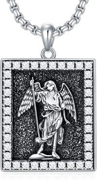 wholesale 925 Sterling Silver Square Angel Pendant Necklace  with Cubic Zirconia and Black Stone - Religious Jewelry for Men & Women (Christmas Gift)-St Raphael