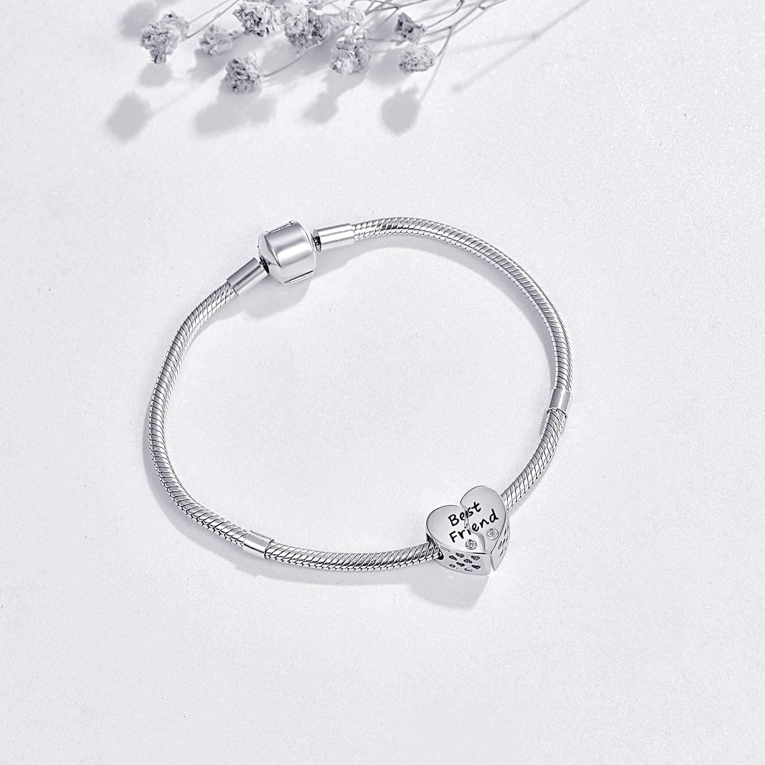 wholesale 925 Sterling Silver Heart Best Friend Charm Bead Bracelet Pendant Necklace Gift for Women Girls DIY Jewelry Making Supplies Accessories 6mm Hole Size (Set of 4)-0-1