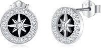 wholesale 925 Sterling Silver Compass Stud Earrings with Black and White Elements for Men-Compass