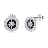 wholesale 925 Sterling Silver Compass Stud Earrings with Black and White Elements for Men-Compass