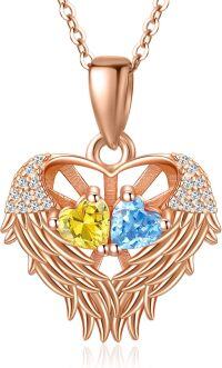 wholesale Sterling Silver 2 Birthstones Angel Wings Necklace for Women-11-12-Nov-Dec