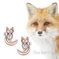 wholesale 925 Sterling Silver Fox Stud Earrings Rose Gold Two Tone Zircon Animal Jewelry-0-5