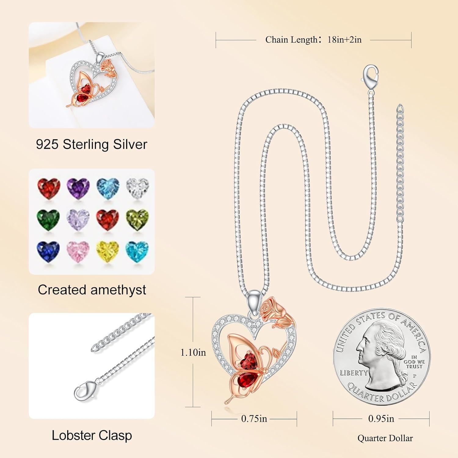  Sterling Silver Zircon Butterfly Heart Necklace for Women Birthday Gift -0-4