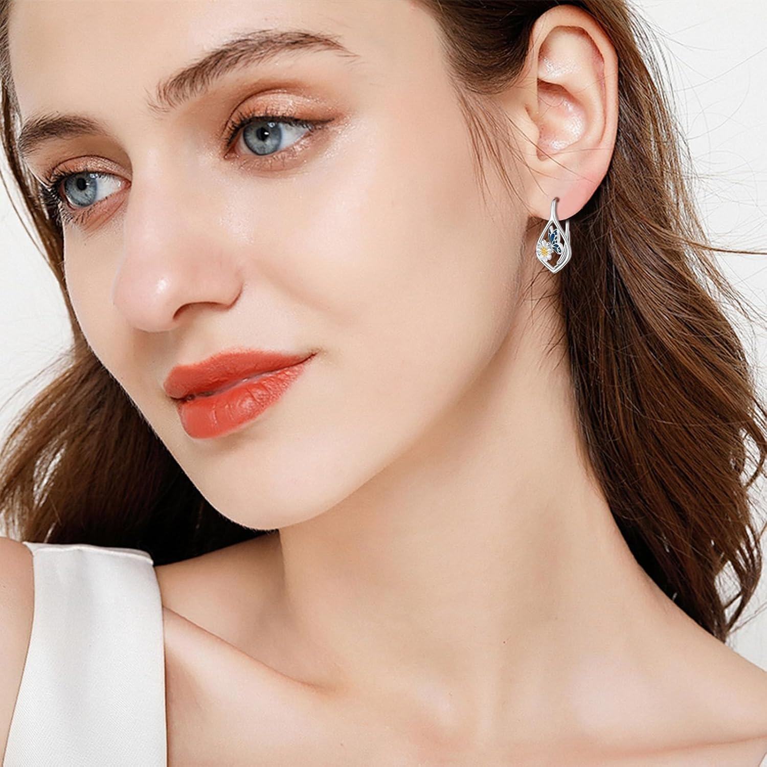 925 Sterling Silver Butterfly Flower Leverback Hoop Earrings with Enamel and Cubic Zirconia-0-4