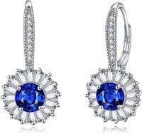 wholesale 925 Sterling Silver Blue Sapphire Halo Sunburst Oval Stud Earrings for Women-Blue Sapphire Leverback