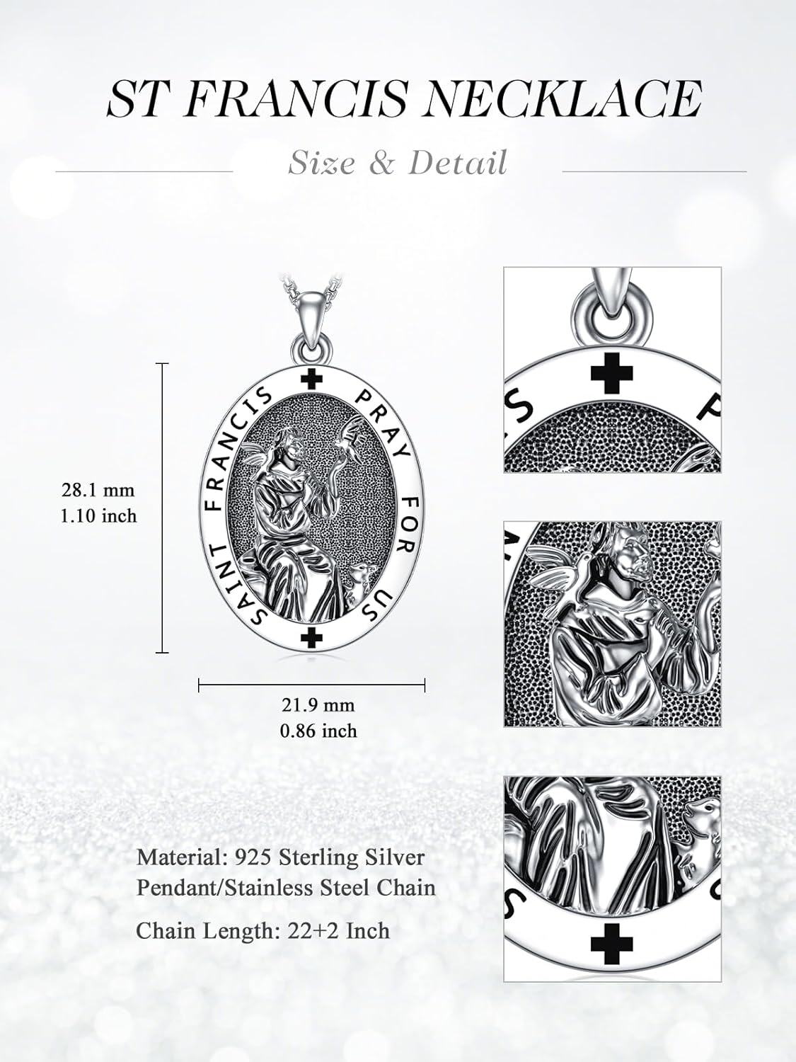 925 Sterling Silver & Stainless Steel St Francis of Assisi Medal Pendant with Dove and Fish Charm - Catholic Protection s for Men/Women-0-1