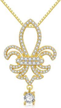 wholesale Gold Fleur-de-Lis Design with Cubic Zirconia Stones on 925 Sterling Silver Chain - Elegant Jewelry for Women-Fleur-De-Lis-Gold