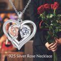 wholesale 925 Sterling Silver Double Heart with Pink Flower and Clear Crystal Pendant Necklace s for Women-0-3