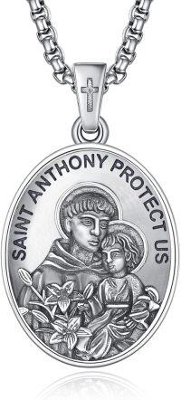 wholesale 925 Sterling Silver St Anthony Protect Us Pendant Necklace for Men Women with Cross and Lily Flower Charm on 3+2 Extender Chain (Silver)-A31-Saint Anthony