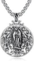 wholesale 925 Sterling Silver Round Guadalupe Virgin Mary Pendant with Cubic Zirconia and Braided Chain - Catholic Religious Jewelry for Women & Men -0-0