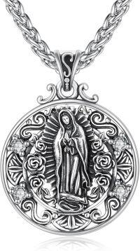 wholesale 925 Sterling Silver Round Guadalupe Virgin Mary Pendant with Cubic Zirconia and Braided Chain - Catholic Religious Jewelry for Women & Men -F-Lady of Guadalupe