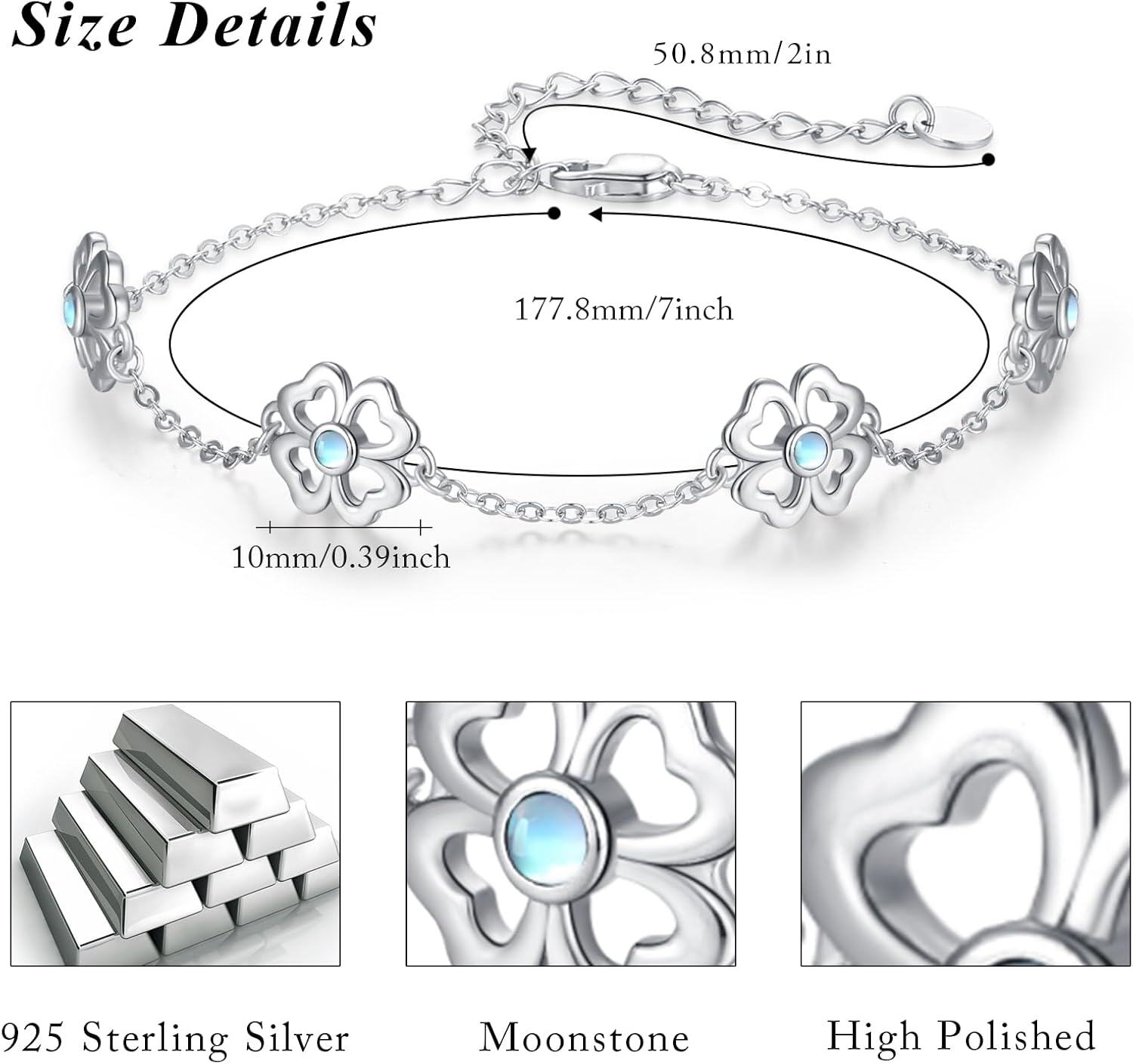 wholesale 925 Sterling Silver Moonstone Flower Charm Bracelet for Women-0-6