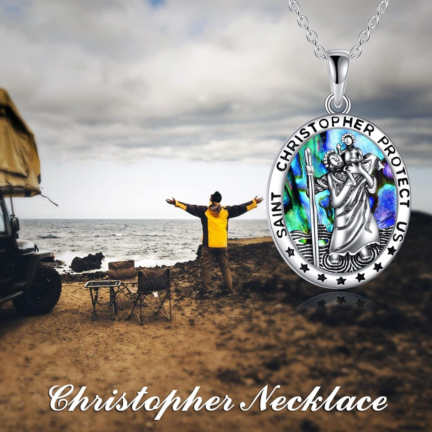 925 Sterling Silver Saint Christopher Protect Us Travel Protection Oval Pendant Necklace with Abalone Shell and Chain for Women Men  43cm/17 Length-0-4