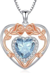 wholesale 925 Sterling Silver Birthstone Heart Rose Pendant Necklace for Her-3-Mar-Aquamarine