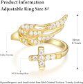 wholesale 925 Sterling Silver Cubic Zirconia Gold Cross Angel Wing Ring - Faith Hope Love Engraved - Adjustable Size 7-9 - Religious Gift for Women-0-2