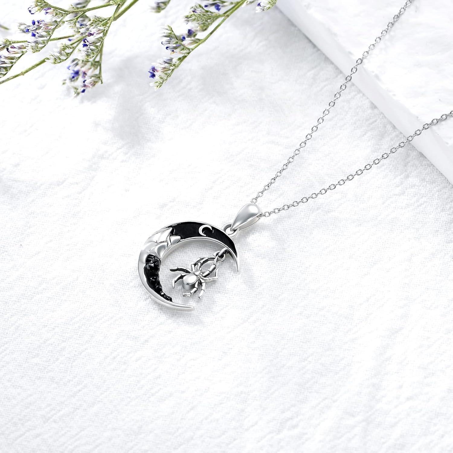 925 Sterling Silver Crescent Moon & Spider Necklace Pendant for Women Girls Gifts Jewelry Accessories 48cm Chain Length-0-4