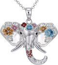wholesale 925 Sterling Silver Floral Elephant Pendant Necklace with Multi-Color Stones for Women-0-0