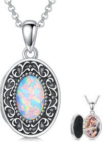 wholesale 925 Sterling Silver Oval Opal Vintage Filigree Flower Photo Locket Pendant Necklace Gifts for Women-Opal-Opal+Photo+Text
